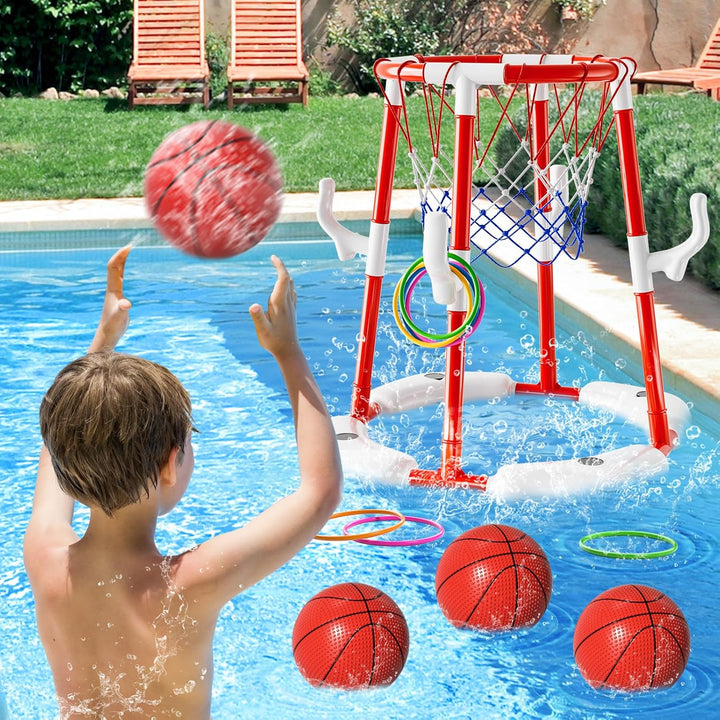 Pool Basketball Hoop Toys for Kids Ages 4-8 8-12 & Adult, Summer Outdoor Swimming Pool Games Water Play Toys Family Party for Kids, 2 In1 Pool Basketball Hoop & Ring Game with 4 Balls 12 Rings & Pump