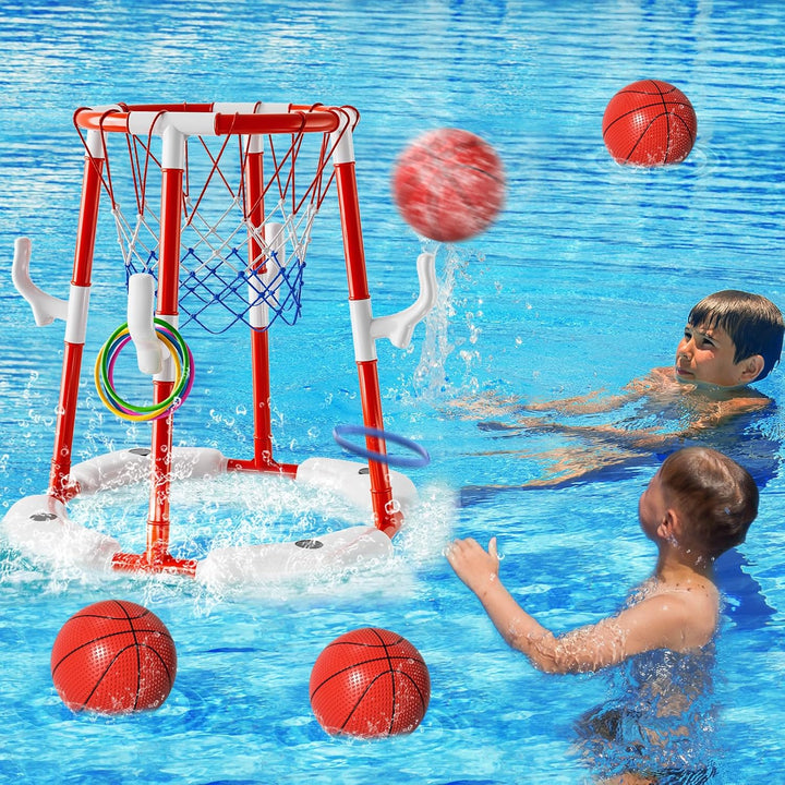 Pool Basketball Hoop Toys for Kids Ages 4-8 8-12 & Adult, Summer Outdoor Swimming Pool Games Water Play Toys Family Party for Kids, 2 In1 Pool Basketball Hoop & Ring Game with 4 Balls 12 Rings & Pump