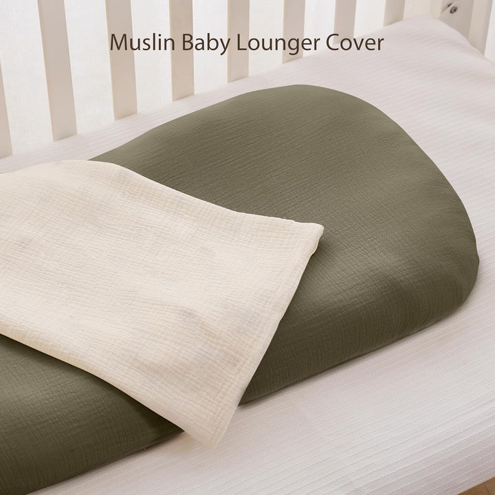 Muslin Baby Lounger Cover 2 Pack, 100% Cotton Infant Lounger Cover, Soft & Breathable Replacement Slipcover, Compatible with Snuggle Me Newborn Lounger (Dark Olive,Cream)