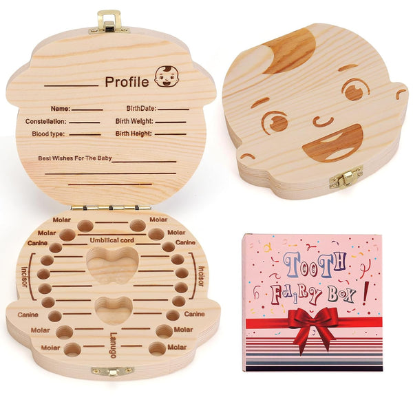 Baby Tooth Box Wooden Kids Keepsake Organizer Gift for Baby Teeth, Cute Children Tooth Container with Tweezers to Keep the Childwood Memory (Boy)