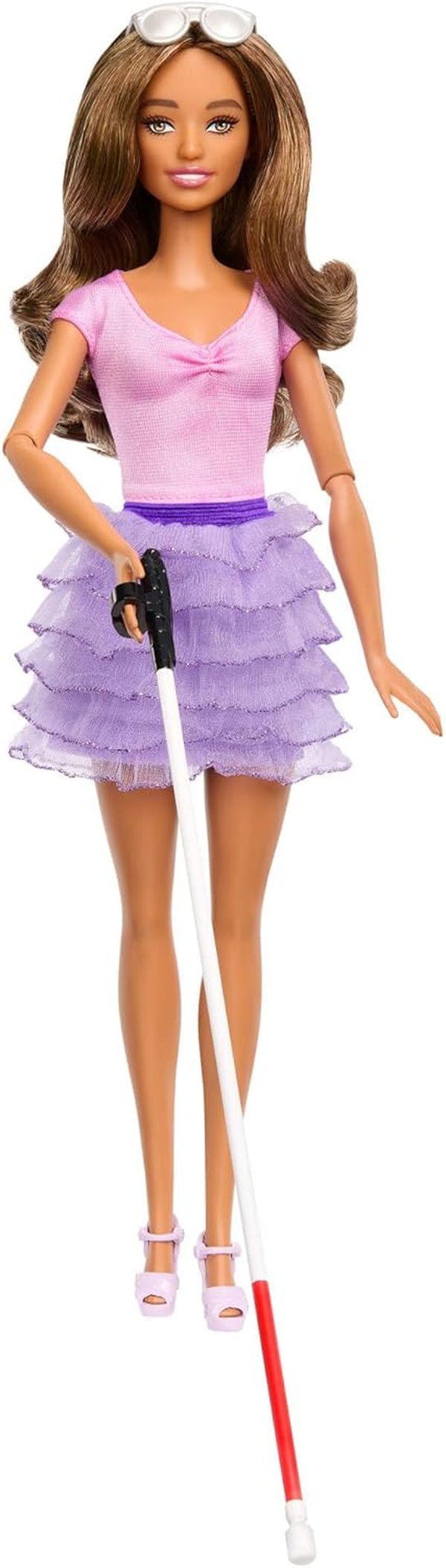 Fashionistas Doll #228, Blind Doll Wearing Pink Top and Ruffled Skirt with Cane and Sunglasses in Partnership with the American Foundation for the Blind
