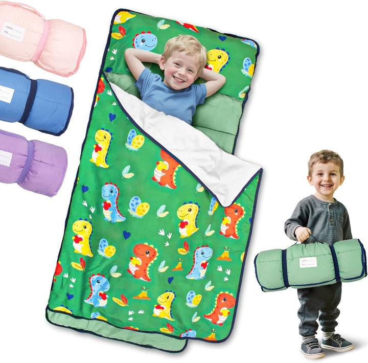Lightweight Toddler Nap Mat Perfect for Warm Sleepers, Portable Sleeping Bag with Removable Pillow and Fleece Blanket, Washable, Great for 3 Seasons, Daycare, Preschool, Boy and Girls