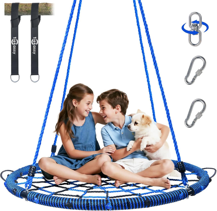 750Lbs 40" Spider Web Saucer Tree Swing for Kids Adults, Outdoor Net Swing with Steel Frame and 2 Hanging Straps-Blue