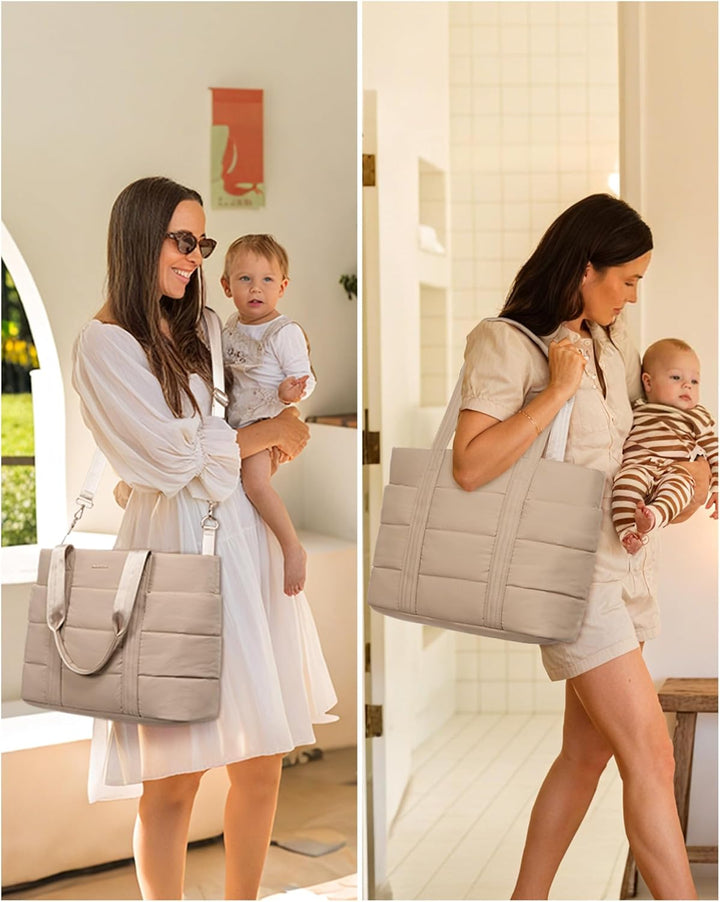 Diaper Bag Tote, 15.6Inch Puffer Baby Diaper Bag Waterproof Travel Diaper Tote with Changing Pad Pacifier Case