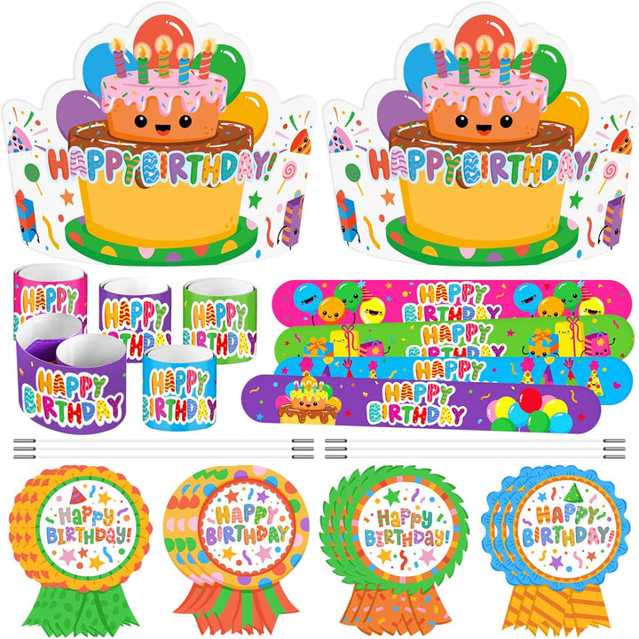 108 Pcs Birthday Crowns Party Hats for Kids Classroom, Include Happy Birthday Badge Stickers, Elastic Band and Slap Bracelet