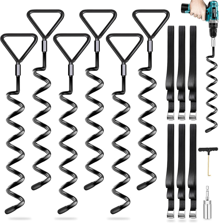 Trampoline Stakes Heavy Duty Trampoline Anchors Kit, Spiral Screw in Ground Anchors with Straps, Earth Anchors Earth Anchors Swing Set Anchors for Trampoline