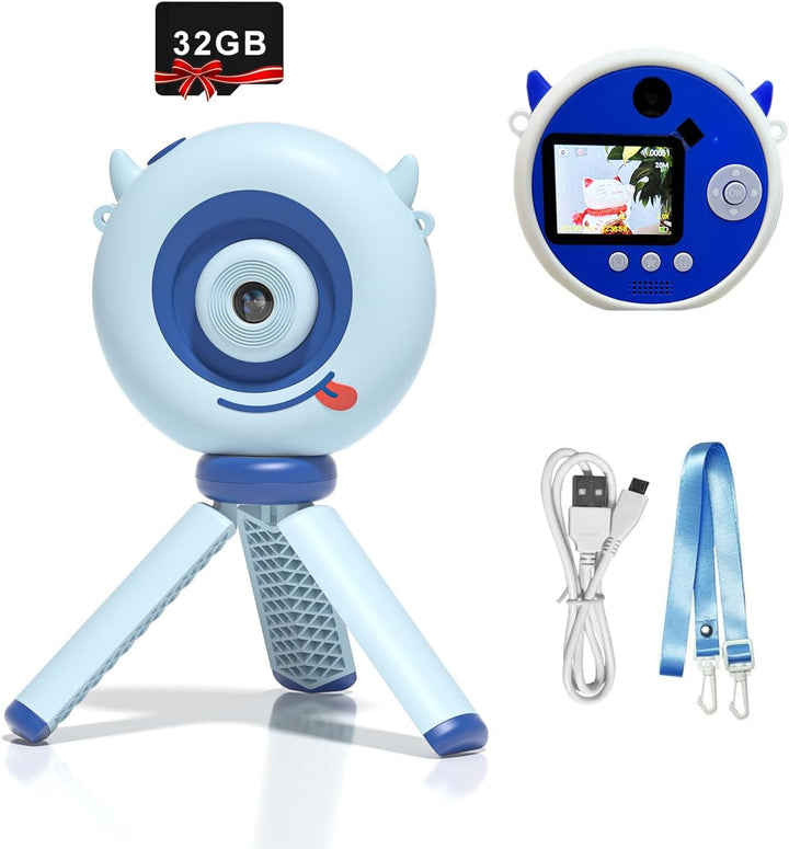 Kids Camera with Tripod, Kid Camera Toys with Flip-Up Lens for Selfie & Video, MP3 Player, Christmas Birthday Gifts for Boys Girls, 32G SD Card Included (Yellow Chicken)