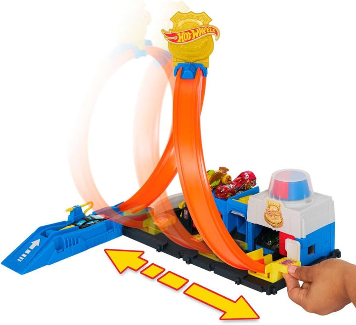Toy Car Track Set, Super Police Station Playset with 1:64 Scale Die-Cast Vehicle, Adjustable Loop for Multiple Ways to Race & Stunt