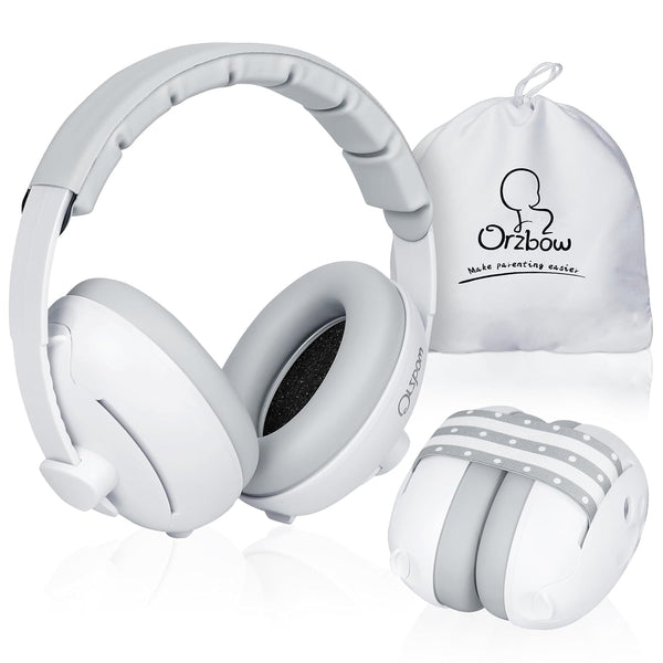 2-In-1 Baby Ear Muffs Noise Protection, Noise Cancelling Headphones for Babies up to 48 Months, Adjustable Infant Ear Protection with Non-Slip Band for Airplane Travel Sleep, White