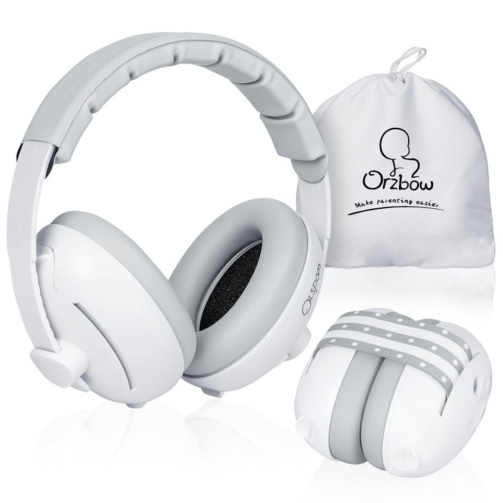 2-In-1 Baby Ear Muffs Noise Protection, Noise Cancelling Headphones for Babies up to 48 Months, Adjustable Infant Ear Protection with Non-Slip Band for Airplane Travel Sleep, White
