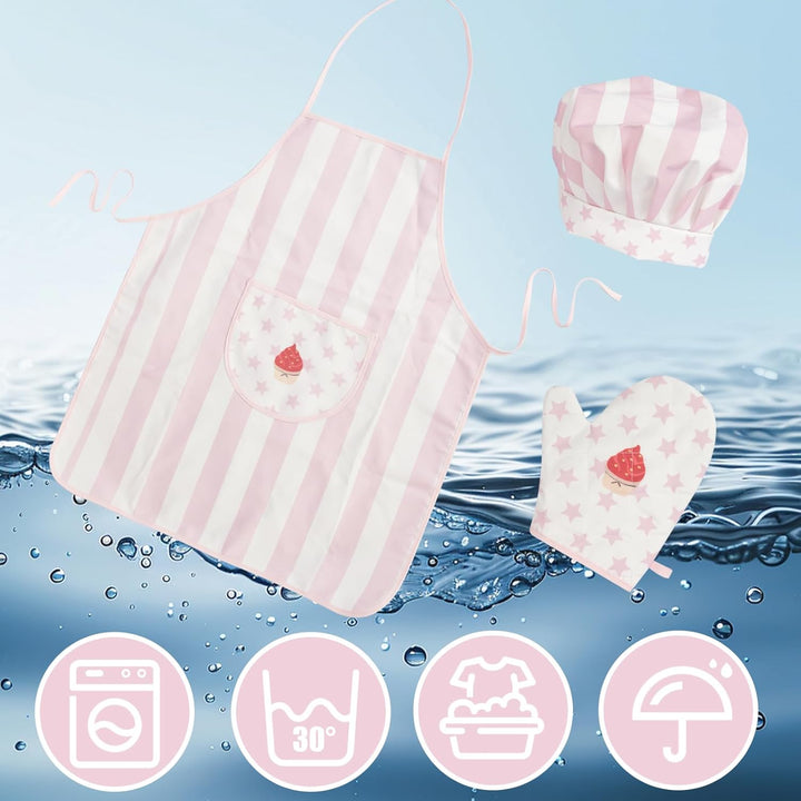 Kid Apron and Chef Hat Set, 3 Pcs Children Cooking Baking Set Kits Role Play Chef Toy Kid Cooking Gift for Girls Boys (Pink)