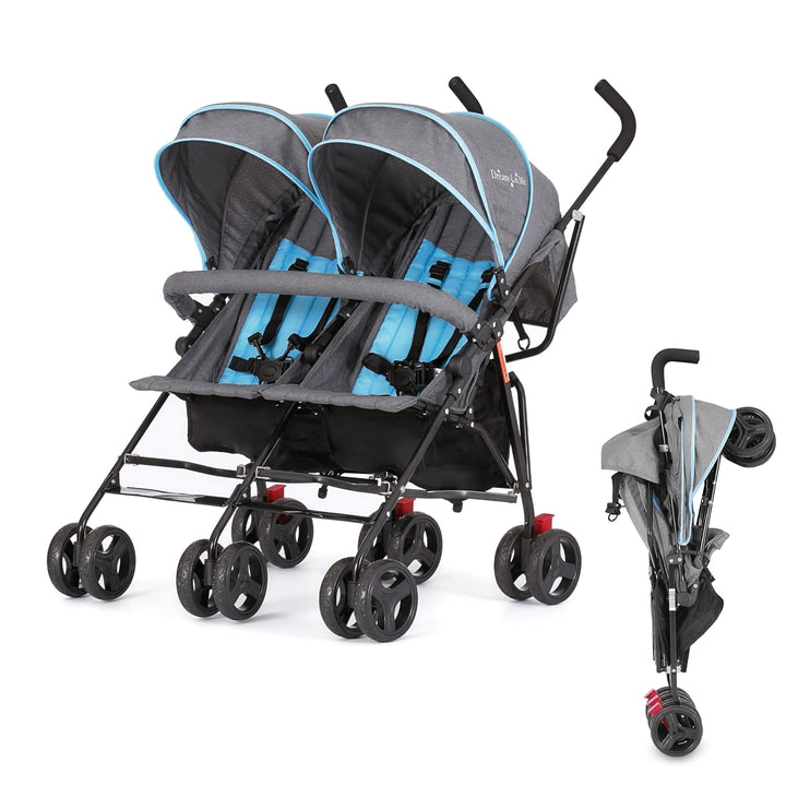 Volgo Twin Umbrella Stroller in Black, Lightweight Double Stroller for Infant & Toddler, Compact Easy Fold, Large Storage Basket, Large and Adjustable Canopy