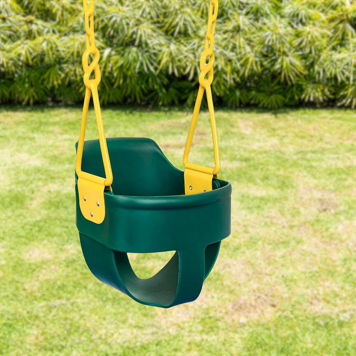 Premium High Back Full Bucket Toddler Swing Seat with Finger Grip, Plastic Coated Chains and Carabiners for Easy Install - Green -