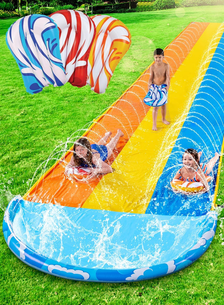 22.5Ft X 82In Waves Triple Lawn Water Slide,Heavy Duty Lawn Water S with 3 Body Boards and Slip Sprinkler for Kids Adults Backyard Summer Outdoor