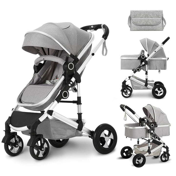 2 in 1 Convertible Baby Stroller, Folding High Landscape Infant Carriage, Newborn Reversible Pram, Diaper Bag, Anti-Shock Toddler Pushchair Stroller, Dark Grey