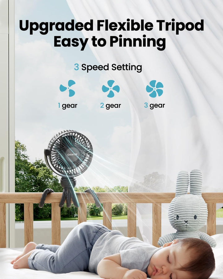 Mini Portable Stroller Fan, Battery Operated Small Clip On, Detachable 3 Speed Rechargeable, 360° Rotate Flexible Tripod Better Cooling for Car Seat Crib Treadmill Travel Black