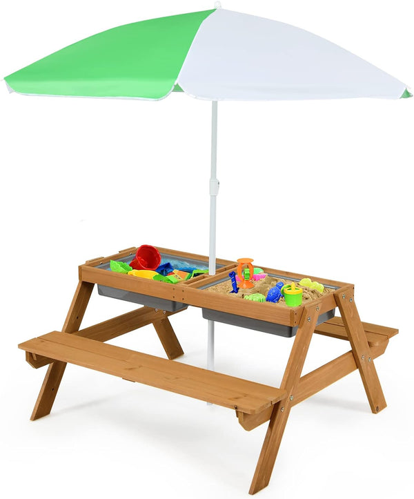 Kids Picnic Table with Sensory Bins, 4 in 1 Sand and Water Table with Height Adjustable Umbrella, Removable Tabletop for Outdoor Backyard Patio Play