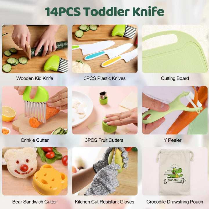 14 Pieces Wooden Kids Kitchen Knife Set with Gloves Cutting Board Fruit Vegetable Crinkle Cutters Serrated Edges Plastic Toddler Knifes for Real Cooking Kid Safe Knives - Crocodile