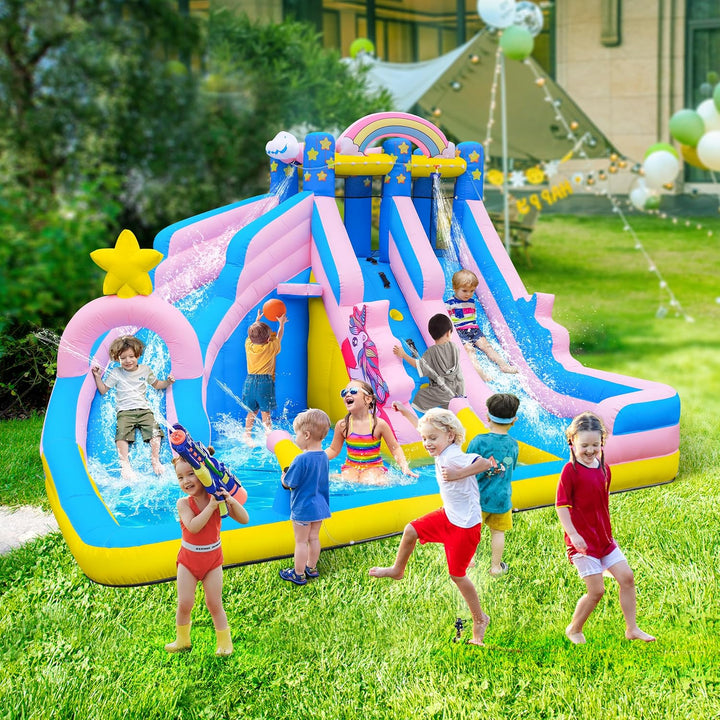 Inflatable Water Slide: 6 in 1 Bounce House Water Park for Kids - Climbing Wall Splash Pool 2 Water Cannon 2 Slide Basketball Rim - 550W Blower - for Outdoor Backyard Birthday Party