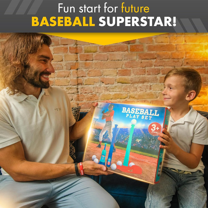 T Ball Stand for Kids and Toddlers 1-3, 3-5, 5-8. Baseball Set with 6 Large Balls, Adjustable Tball Batting Tee, and Pitching Machine. T-Ball Sets with Bat and Ball