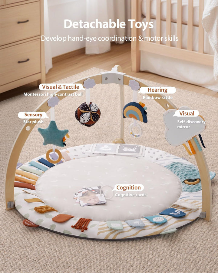 Baby Play Gym & Activity Mat, 5 Developmental Zones Wooden Tummy Time Mat with 5 Detachable Sensory Toys for Motor Skills & Sensory Development, Baby Essentials Shower Gift
