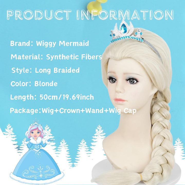White Blonde Braided Wig for Kids Girls, 19.69'' Long Platinum Blonde Princess Kids Wig + Wig Cap for Halloween Party Costume Cosplay
