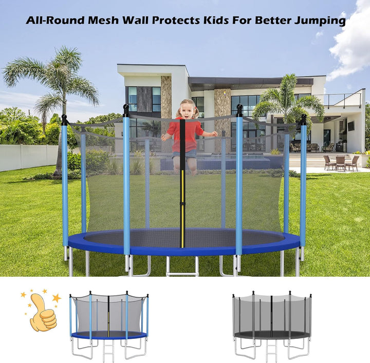 Trampoline Safety Net W/Adjustable Straps, 8 10 12 14 15 16Ft Weather-Resistant Replacement Enclosure Net with Double-Headed Zipper, Protection Buckle, Poles Not Included