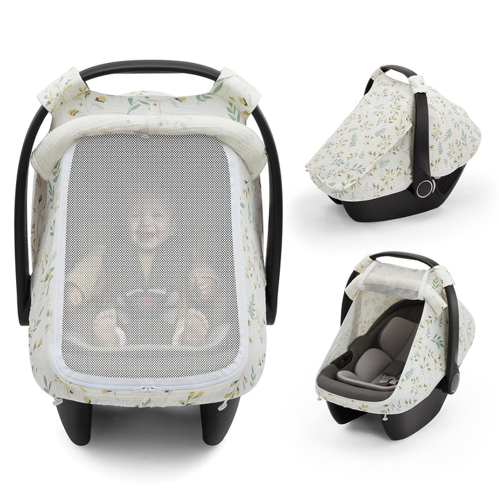 Baby Car Seat Cover, Extra Large Mesh Window, Breathable Muslin Cotton, Infant Windproof Canopy, Must-Have Baby Gift - Roman Green