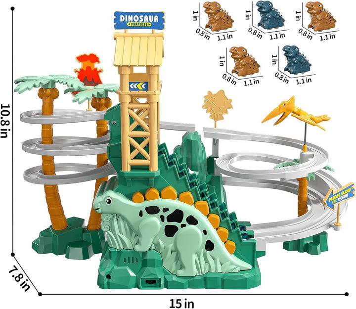 Dinosaur Climbing Slide Stair Toy for Toddlers Aged 3 4 5 6 7 8 - Racing Track Game Set, Sliding Car Toy, Dinosaur Themed with Light and Music, Birthday Dinosaur Gifts for Boys Girls Kids