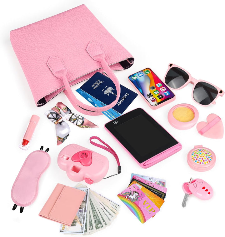 Play Purse for Little Girls, 35PCS Toddler Travel Purse with Handbag, Writing Tablet, Camera, Wallet, Fake Makeup, Girl Toys Includes Phone, Eye Mask, Pretend Play Toys for Girls Ages 3+