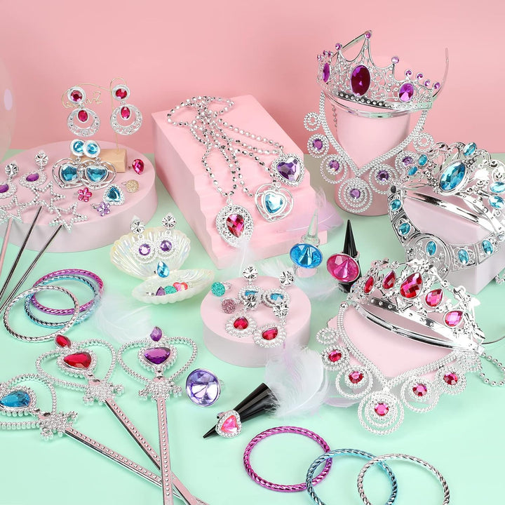 Princess Pretend Jewelry Toy 48 Pcs Jewelry Dress up Play Set for Girls Included Tiaras Necklaces Wands Rings Earrings and Bracelets, Kids Play Jewelry Set for Girls