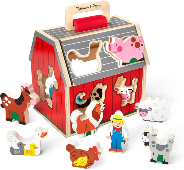 Wooden Take-Along Sorting Barn Toy with Flip-Up Roof and Handle, 10 Wooden Farm Play Pieces - Farm Toys, Shape Sorting and Stacking Learning Toys for Toddlers and Kids Ages 2+