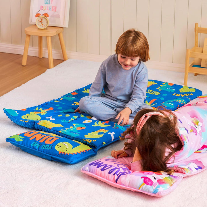 Toddler Nap Mat for Preschool 55''X30'' Sleeping Mat with Removable Pillow and Minky Blanket for Kids Ages 3-7 Roll up Soft Kids Sleeping Bag for Boys Girls Kindergarten Daycare Sleepover