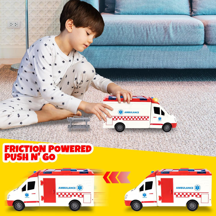 Ambulance Toy Truck for Kids 3-8, Lights & Siren, Friction-Powered 1/16 Scale Rescue Toy Ambulance, Emergency Vehicle Toys with Removable Stretcher, Doors Open for Immersive Imagination