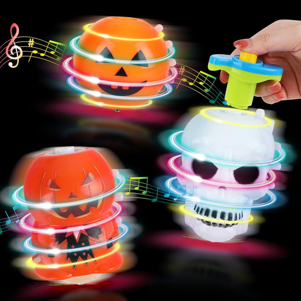 Halloween Basket Stuffers for Kids, 3PCS LED Pumpkin Skull Light up Spinning Tops Halloween Spinning Toys Gifts for Halloween Party Favors Goodie Bag Fillers Classroom Rewards