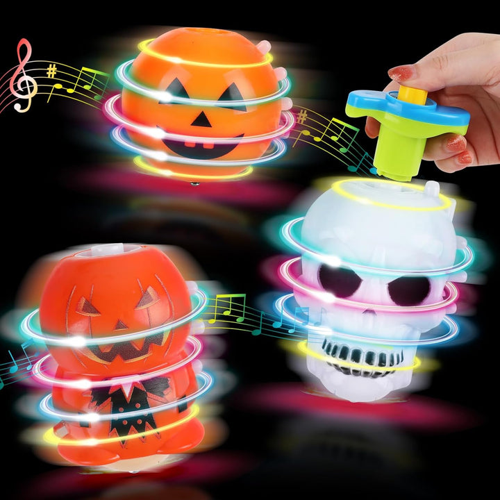 Halloween Basket Stuffers for Kids, 3PCS LED Pumpkin Skull Light up Spinning Tops Halloween Spinning Toys Gifts for Halloween Party Favors Goodie Bag Fillers Classroom Rewards