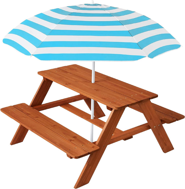 Kids Wooden Picnic Table, Outdoor Activity & Dining Table W/Adjustable Collapsible Umbrella, Built-In Seats - Golden Brown/Navy