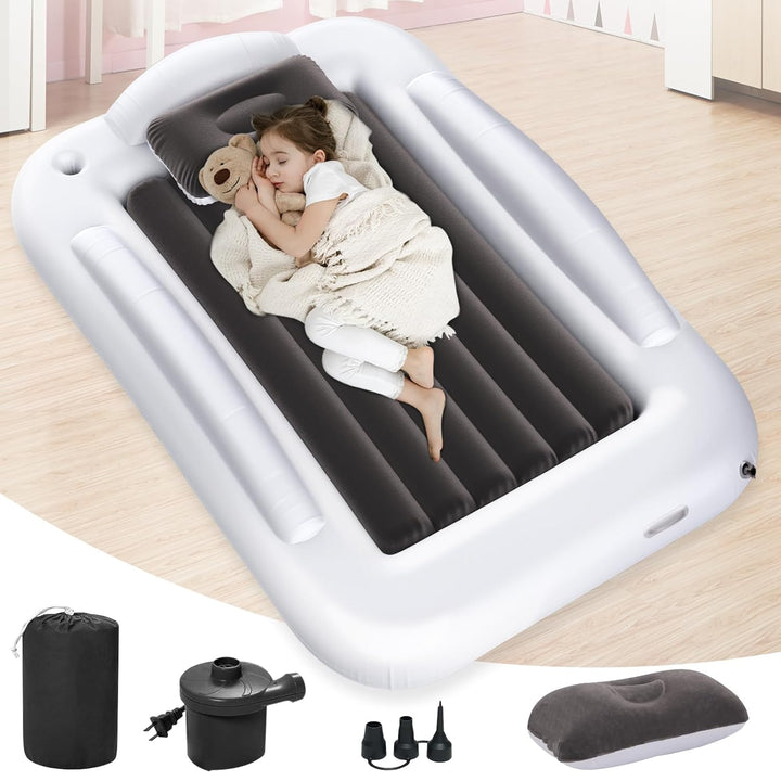 Inflatable Toddler Travel Bed - Portable Toddler Kids Travel Bed with Safety Sides Complete Kids Air Mattress Set with High-Speed Pump, Ideal for Vacation Camping and Sleepover (60 Inches)