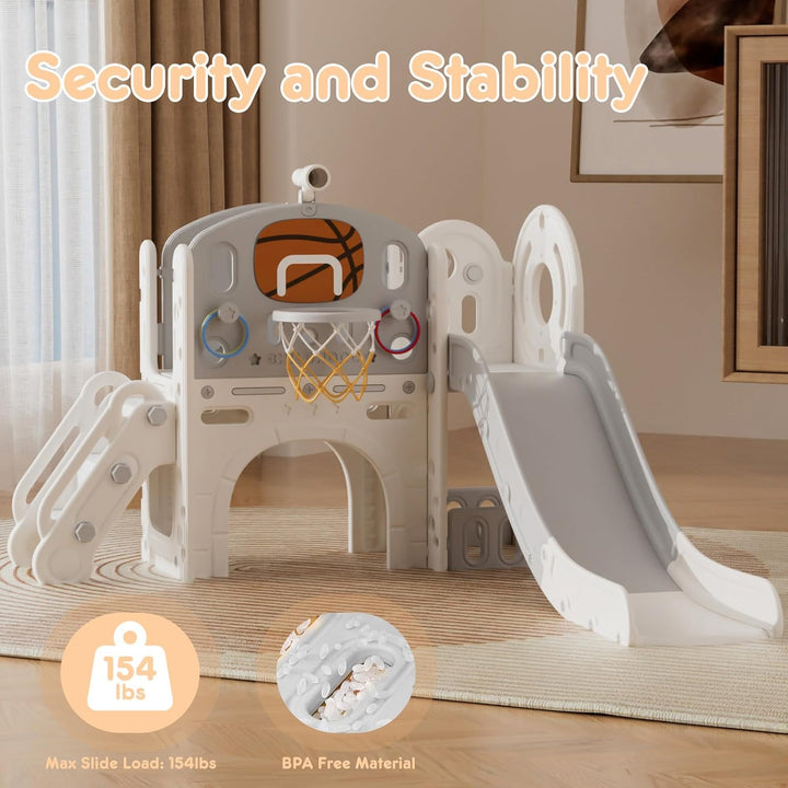 8 in 1 Toddler Slide Set, Kids Slide for Toddlers Age 1+, Toddler Climber Slide Playset with Basketball Hoop and Ball,Outdoor Indoor Playground for Toddlers 1-3 (Beige Grey, 8 in 1)
