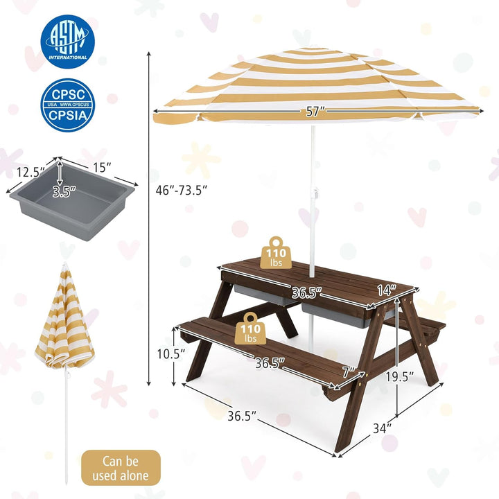 Kids Picnic Table, 4 in 1 Sand and Water Tables W/Detachable Tabletop, 2 Removable Play Boxes, Foldable & Height Adjustable Umbrella, Wood Sensory Table and Bench for Outdoors, Indoors (Brown)