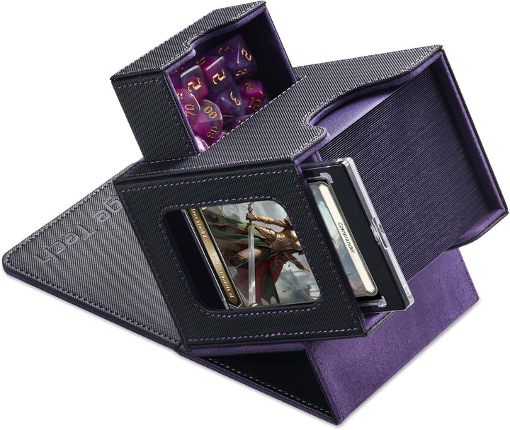 Card Deck Box for MTG Commander - Patented Design, Commander Display, Fits 100 Double-Sleeved Cards, 35Pt Card Brick & Dice Tray - Black/Red