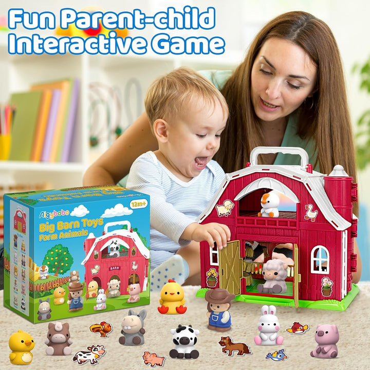 Farm Animals Big Barn Toys for 1 2 3 Year Old, Toddler Montessori Learning Toy, Farm Playset with Animal Figures and DIY Stickers, Christmas Birthday Gift for Baby Boys Girls Age 12-18 Months