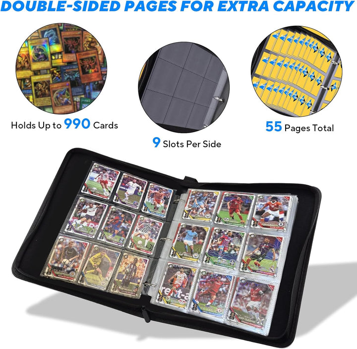 Portable 9-Pocket Trading Card Binder, Holds 990 Cards with 55 Removable Double-Sided Sleeves, Baseball Card Binder Card Storage Organizer Album for Boys, Girls, Sports & Game Cards