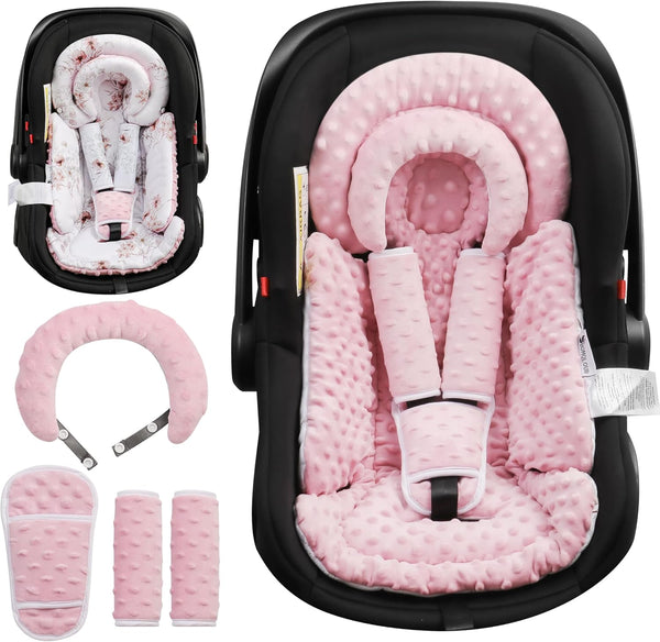 Infant Car Seat Insert with Removable Cushion for Baby Preemie Newborn Infant, Reversible Carseat Insert Head Body Support Fits for Stroller, Baby Swing, Rocker, Bouncer, Bassinet - Pink