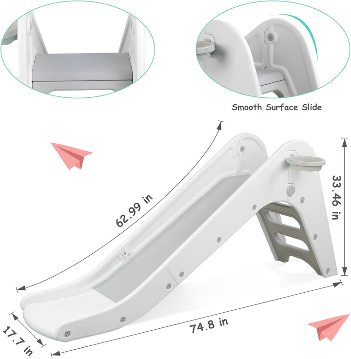 Freestanding Kids Slide, Toddler Slide Climber with Basketball Hoop & Ball, Baby Playset W/Long Slope, for Boys and Girls Birthday, Sturdy Playground Toy for Indoor Outdoor (Grey White)