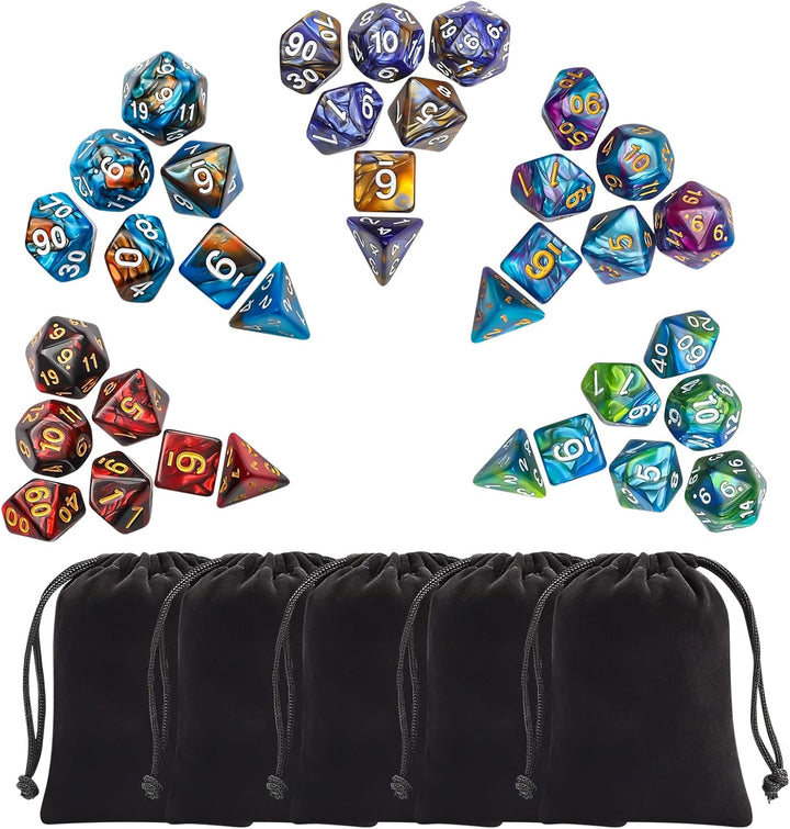 Polyhedral Dice Set (35 Pieces) with Black Pouches, 5 Complete Double-Colors Dice Sets of D4 D6 D8 D10 D% D12 D20 Compatible with Dungeons and Dragons DND RPG MTG Table Games