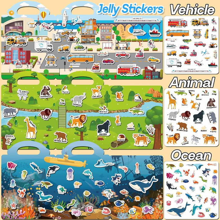 6 Sets Reusable Sticker Books for Toddlers 1-3, Jelly Sticker Books for Toddlers 2-4 Years, Toddler Travel Toys for Kids 2 3 4 Year Old Girls Boys