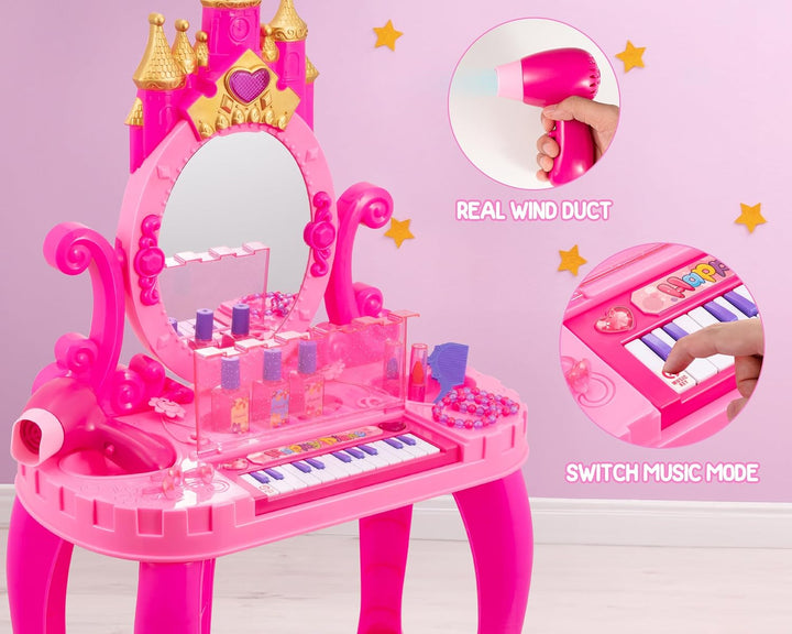 Vanity Makeup Table Toy with Adjustable Mirror, Comfortable Seat, Electronic Organ, Lights, and Music for Little Girls - Spark Imagination with Our Toddler Vanity Set