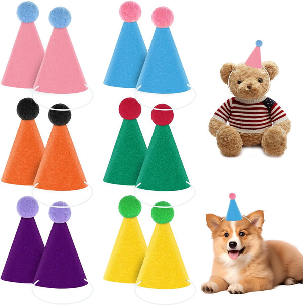 12Pcs Mini Party Hats for Stuffed Animals, Felt Cloth Adjustable Mini Birthday Hats for Dolls Dog Cat Rabbit Puppies Assorted Animal Birthday Decorations