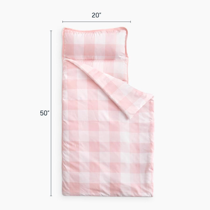- Toddler Nap Mat with Pillow and Blanket, for Kids Boys Girls in Kindergarten Daycare Preschool Pre K, Roll up Sleeping Bag, Gingham Plaid Grid Checkered, Light Pink White, Standard